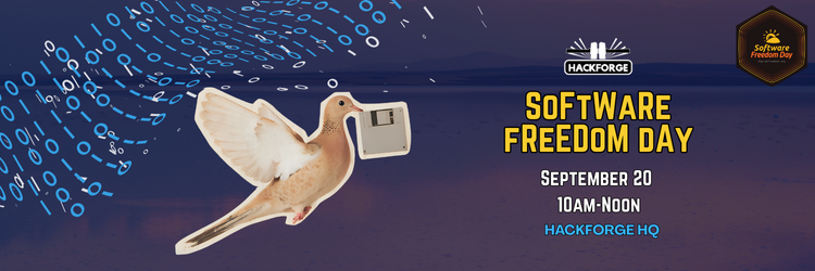 A promotional graphic for Hackforge’s Software Freedom Day event. The background features a dark blue and purple gradient sky over a calm body of water. On the left, stylized streams of binary digits, in shades of blue and white, flow in curved arcs toward the center. A pigeon carrying a floppy disk in its beak is positioned prominently in the foreground, symbolizing data sharing and old-school computing. On the top right is the Hackforge logo in black and white. The event title "Software Freedom Day" is displayed in large bold yellow text with a stylized typeface. Below it, event details read: “September 20, 10AM-Noon, Hackforge HQ” in white and blue text. in the top right corner is the Software Freedom Day logo