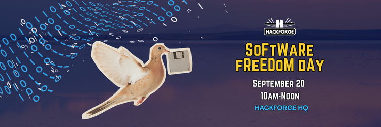 A promotional graphic for Hackforge’s Software Freedom Day event. The background features a dark blue and purple gradient sky over a calm body of water. On the left, stylized streams of binary digits, in shades of blue and white, flow in curved arcs toward the center. A pigeon carrying a floppy disk in its beak is positioned prominently in the foreground, symbolizing data sharing and old-school computing. On the top right is the Hackforge logo in black and white. The event title "Software Freedom Day" is displayed in large bold yellow text with a stylized typeface. Below it, event details read: “September 20, 10AM-Noon, Hackforge HQ” in white and blue text.