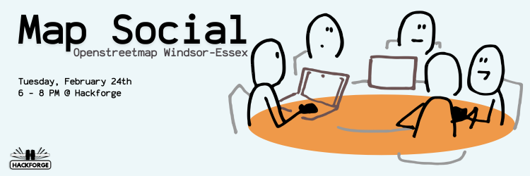 OSM Social event Feb 24 @ Hackforge HQ. Has hand drawn stick people sitting around a table with laptops on a light blue background.