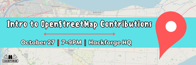 Map of the Windsor-Essex region with Windsor, Tecumseh, Lakeshore, Belle River, and Essex labelled, and a large red location pin dropped over Lake St. Clair on the east side. Intro to OpenStreetMap Contributions, hosted at Hackforge HQ on October 27 from 7 to 9pm.