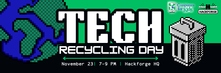 Tech Recycling Day Poster with pixelated design.